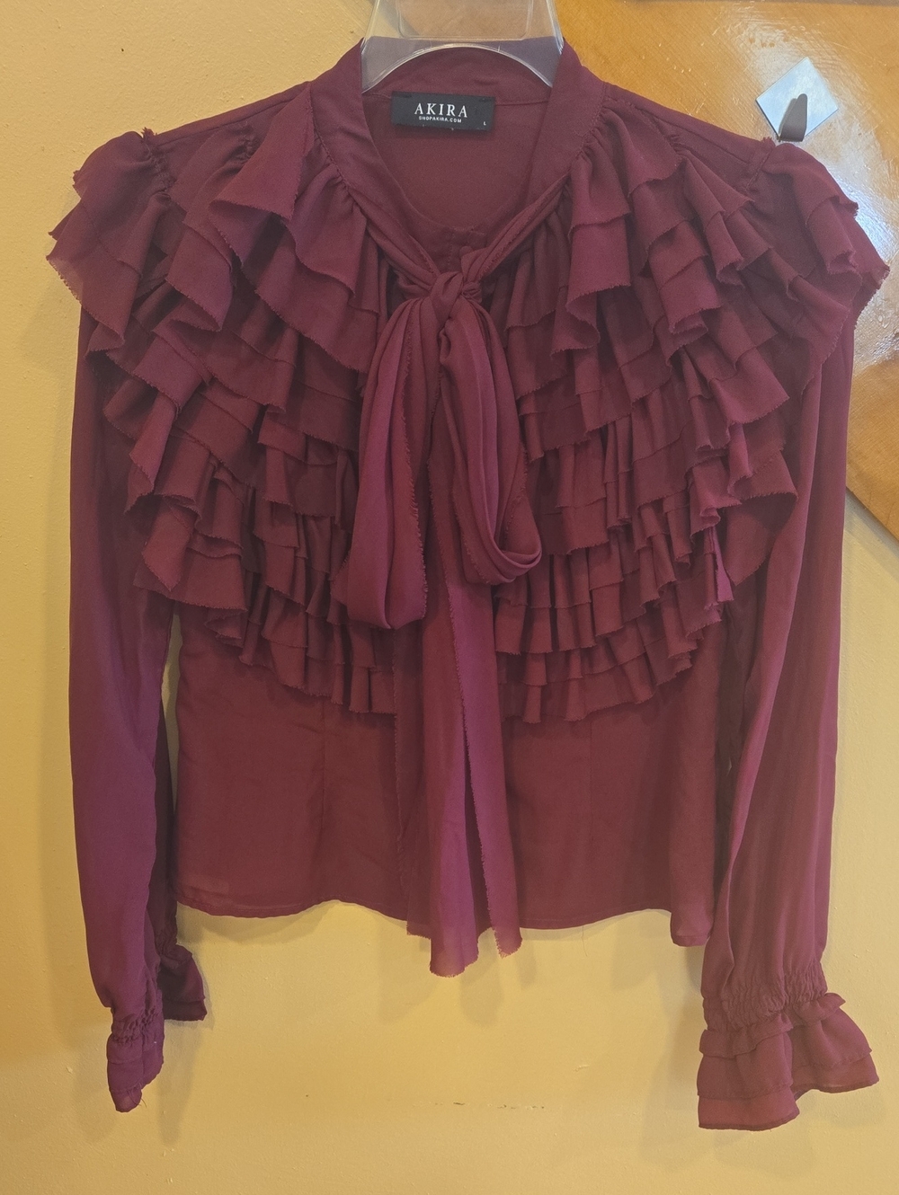 AKIRA Burgundy Layered Ruffle Tie-Neck Blouse